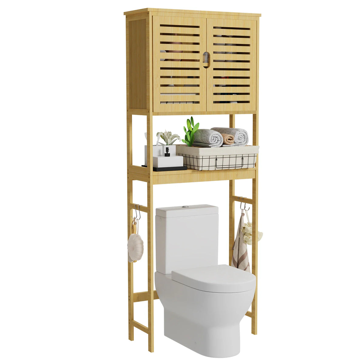Freestanding bamboo over-the-toilet bathroom storage cabinet with doors and an open shelf.