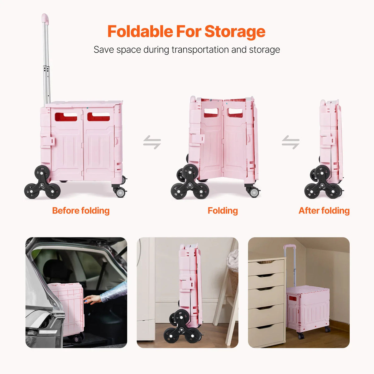 Pink folding utility cart showing the folding process and space saving storage