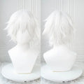 Short white fluffy cosplay wig displayed on a mannequin head, front and back view
