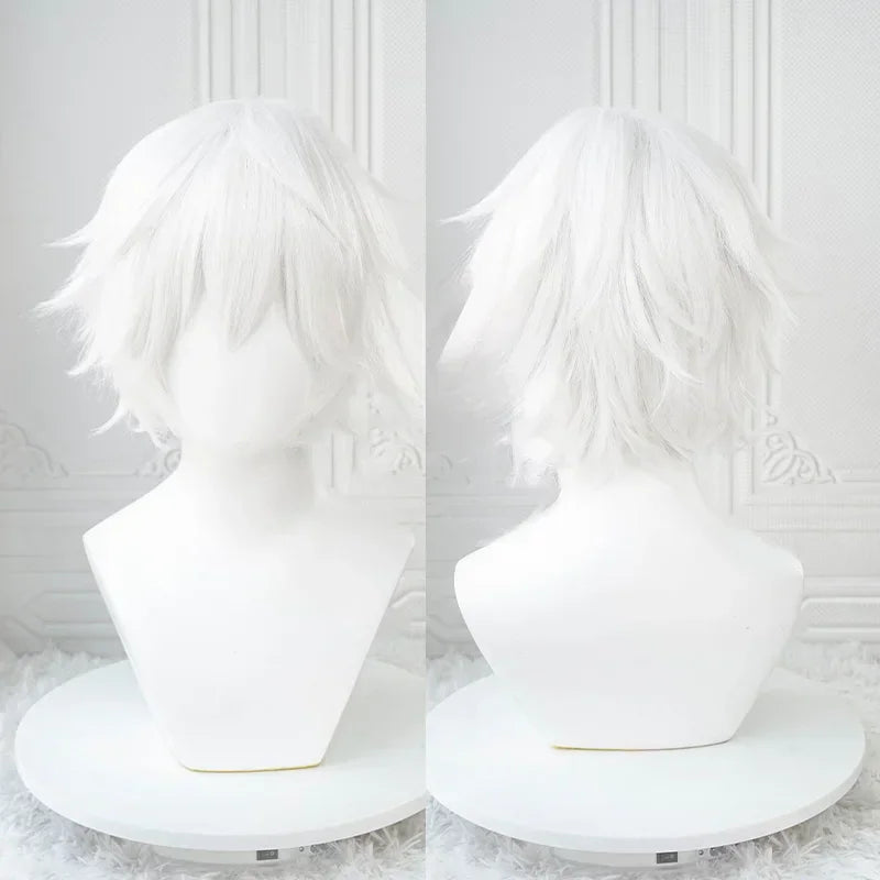 Short white fluffy cosplay wig displayed on a mannequin head, front and back view