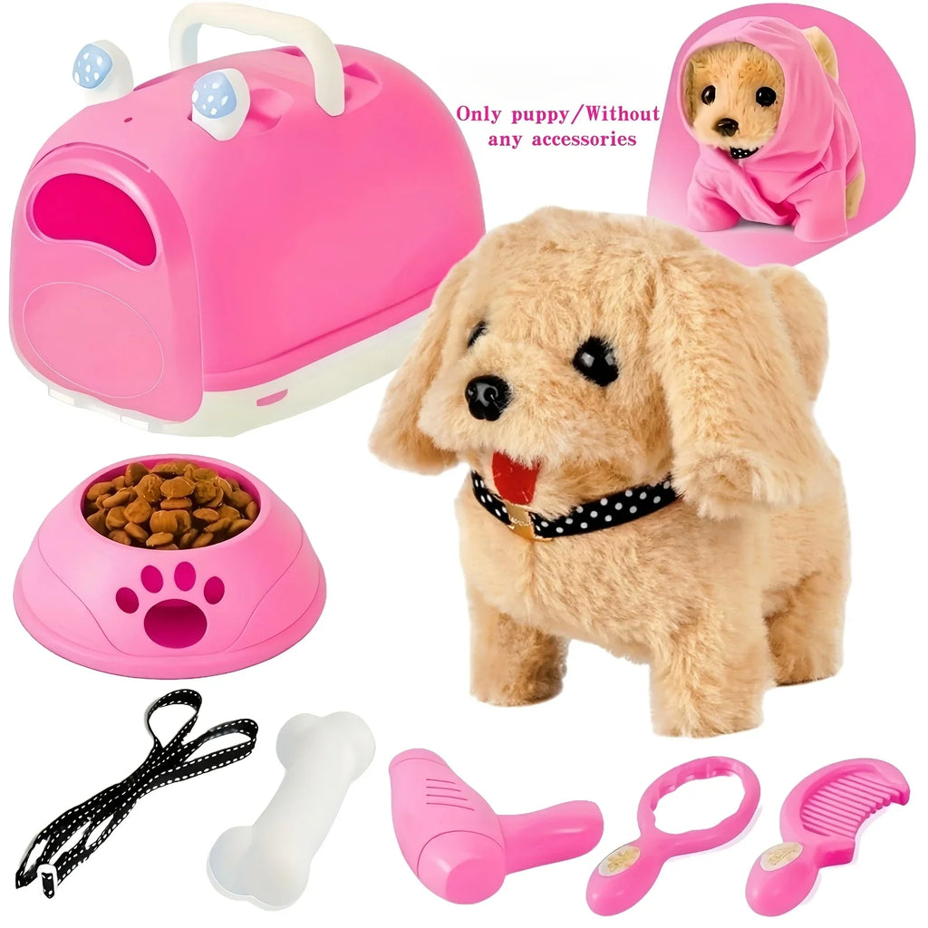Interactive golden retriever toy puppy with carrier, bowl, leash, bone, and grooming accessories