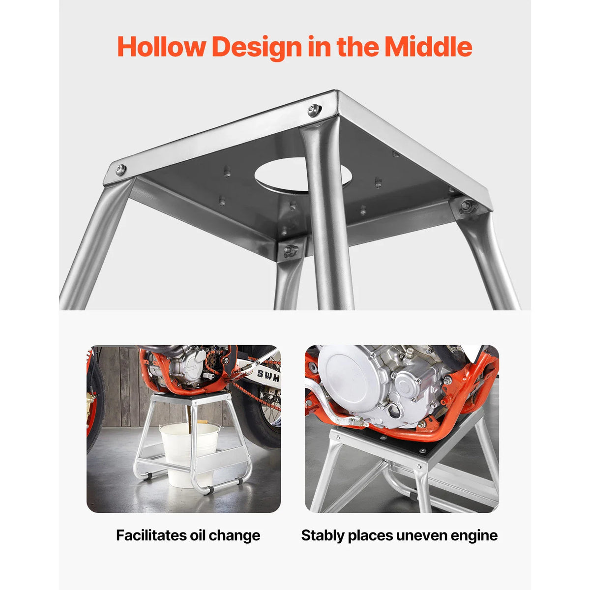 Motorcycle stand with central hole for oil changes and uneven engine support