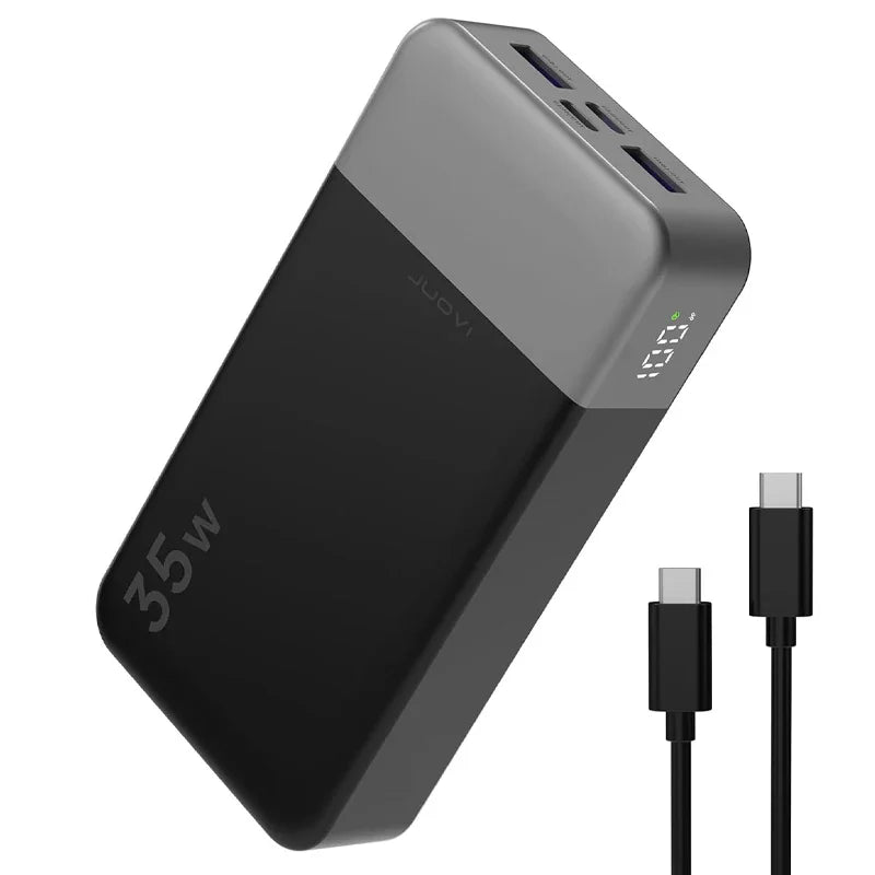 Portable power bank with LED digital display available in orange, blue, pink, black, and green