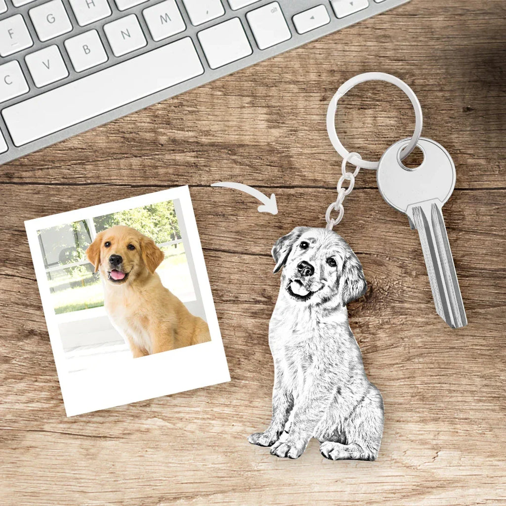 Custom engraved dog photo silver keychain pendant