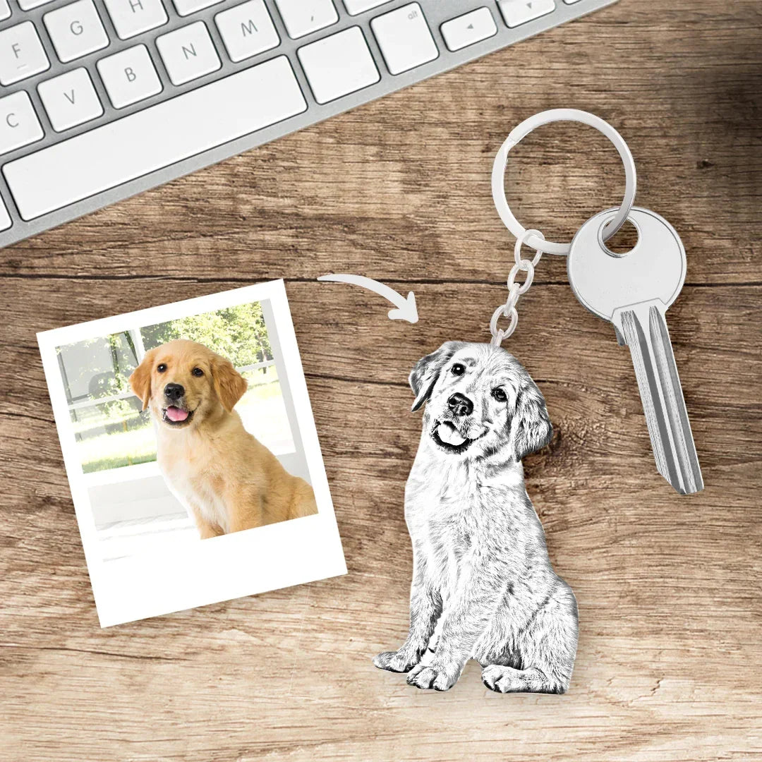 Custom engraved dog photo silver keychain pendant