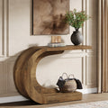 C-shaped rustic brown wooden entryway console table with a decorative plant.