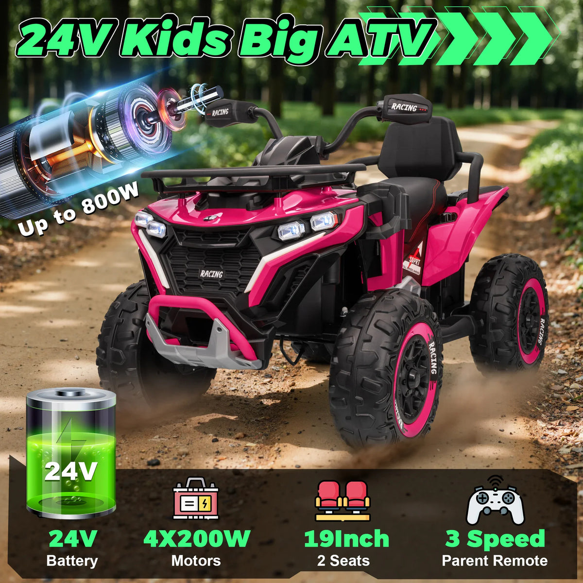 24V pink ride-on quad toy in a forest setting with technical specifications and battery icons