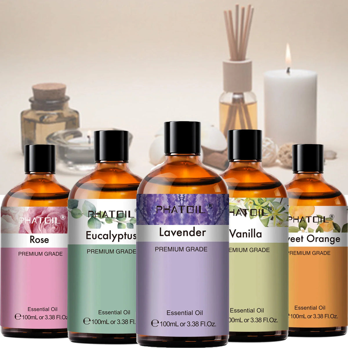 A variety of essential oil bottles in different scents like lavender, eucalyptus, and rose.