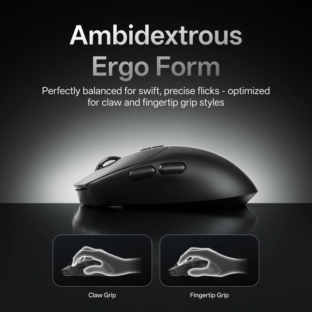 A side view of a black gaming mouse with illustrations showing different hand grip styles.