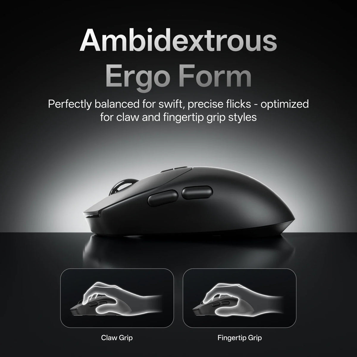 A side view of a black gaming mouse with illustrations showing different hand grip styles.