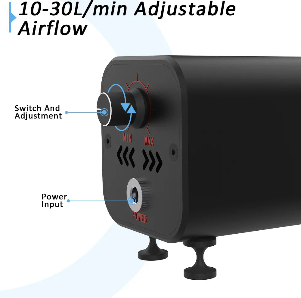 Close up of adjustable air assist pump control knob and power input