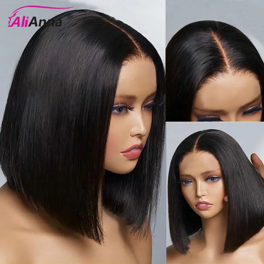 A short straight black human hair bob wig on a mannequin head