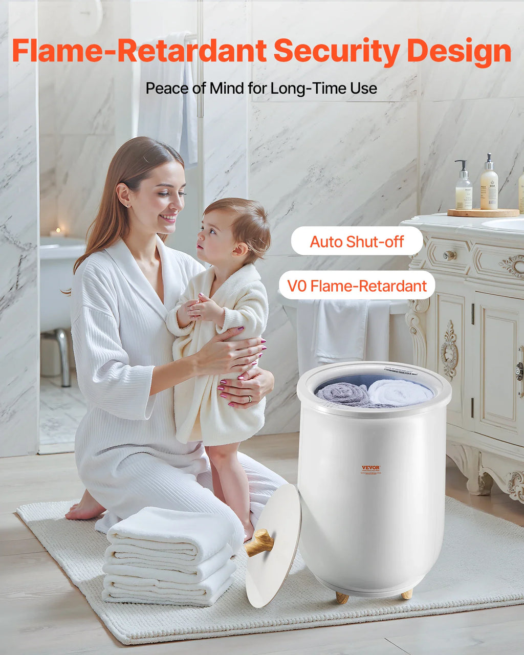 A mother and child sitting next to a towel warmer bucket in a bathroom