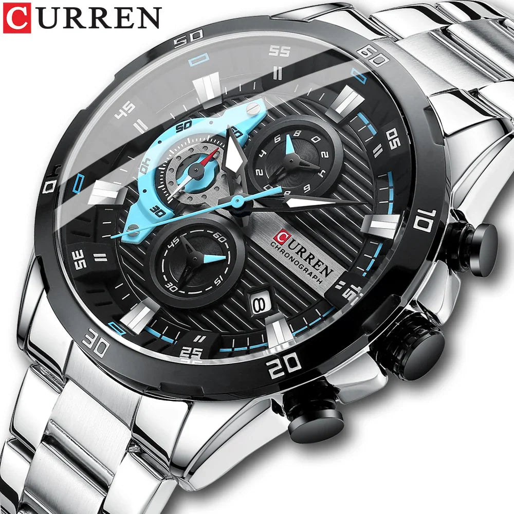 Silver stainless steel chronograph watch with a black and blue dial and luminous markers.