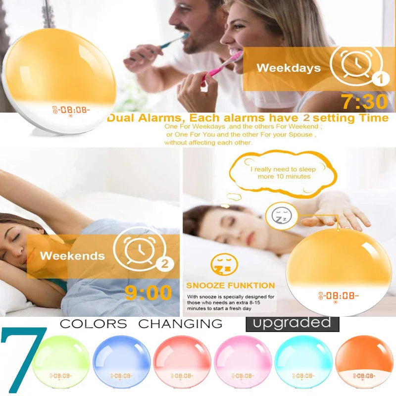 Sunrise alarm clock demonstrating dual alarm settings and color changing modes