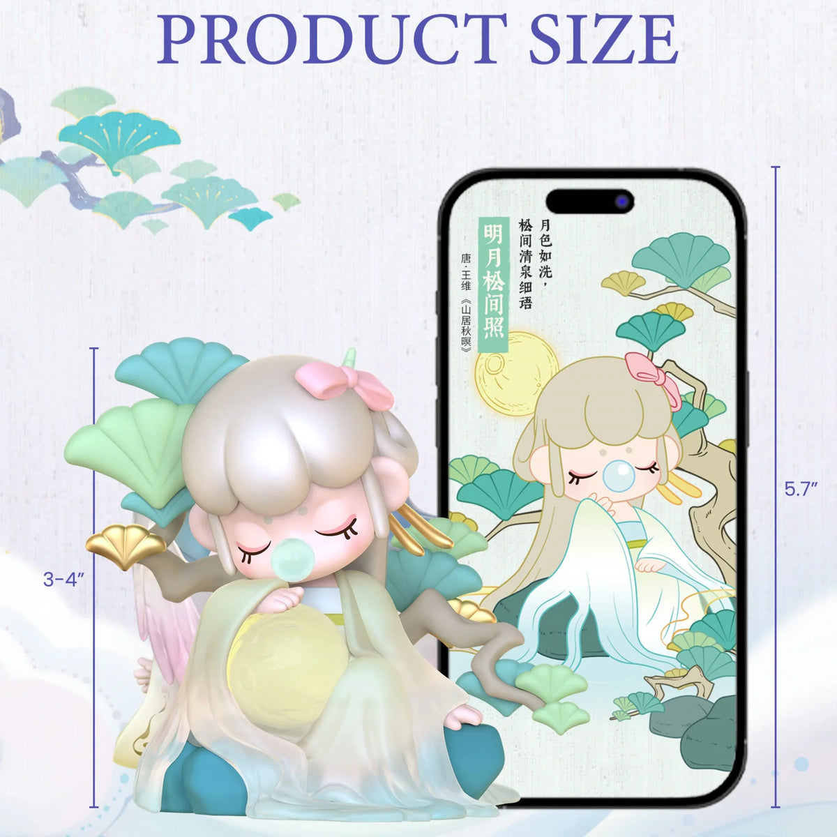 A Nanci collectible figure shown next to a smartphone screen displaying size measurements.