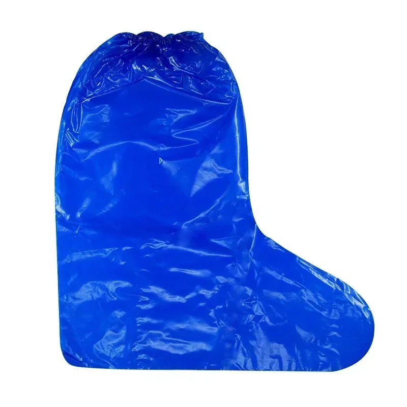 A single blue disposable plastic waterproof high-top shoe cover