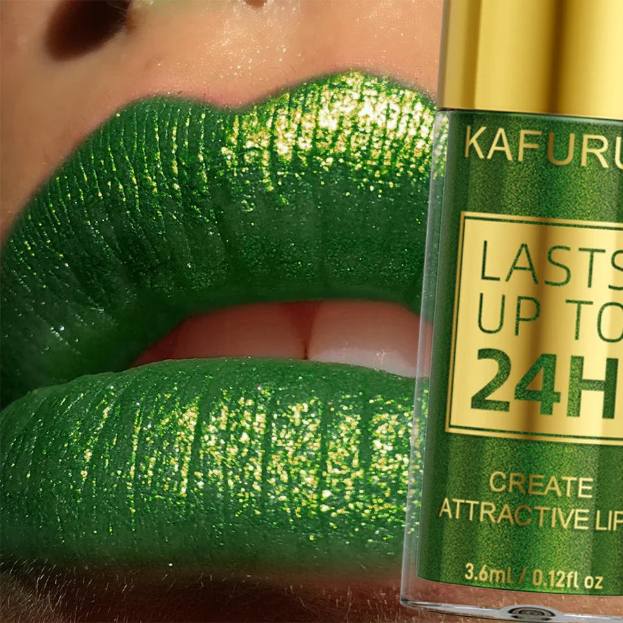 A green glittery liquid lipstick bottle next to lips with the same metallic green shade applied.