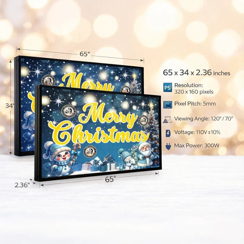A P5 programmable LED display featuring christmas graphics and technical specifications with dimension labels.