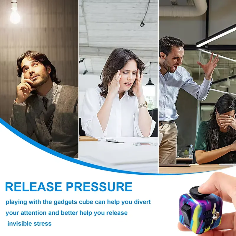 Stress relief marketing graphic featuring a sensory fidget cube and people working in stressful environments.