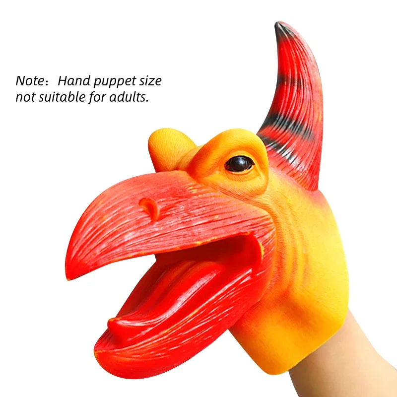 A colorful Pterosaur hand puppet shown on a hand against a plain background.