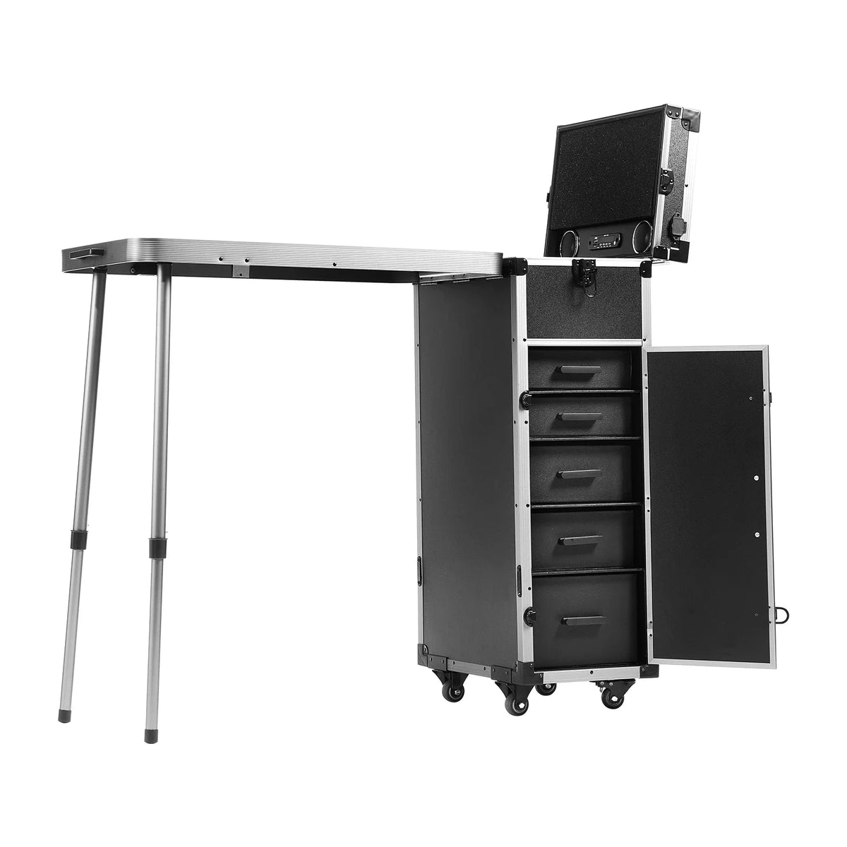 Professional rolling black makeup train case with extendable work table and storage drawers