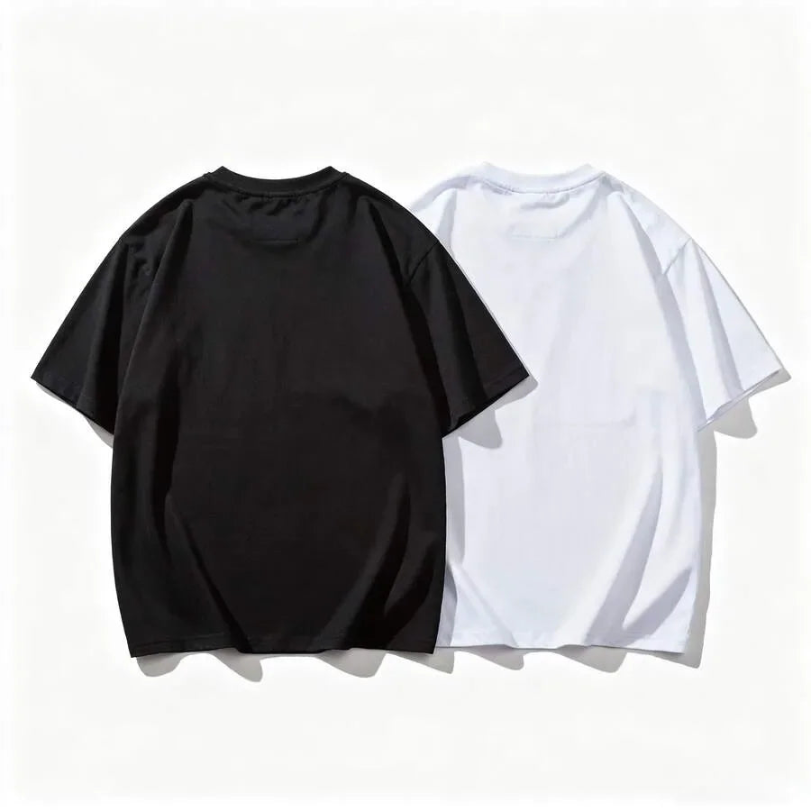 Back view of a plain black and a plain white crew neck t-shirt.