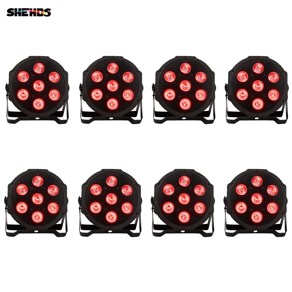 Set of eight black flat led par stage lights with red lighting effect