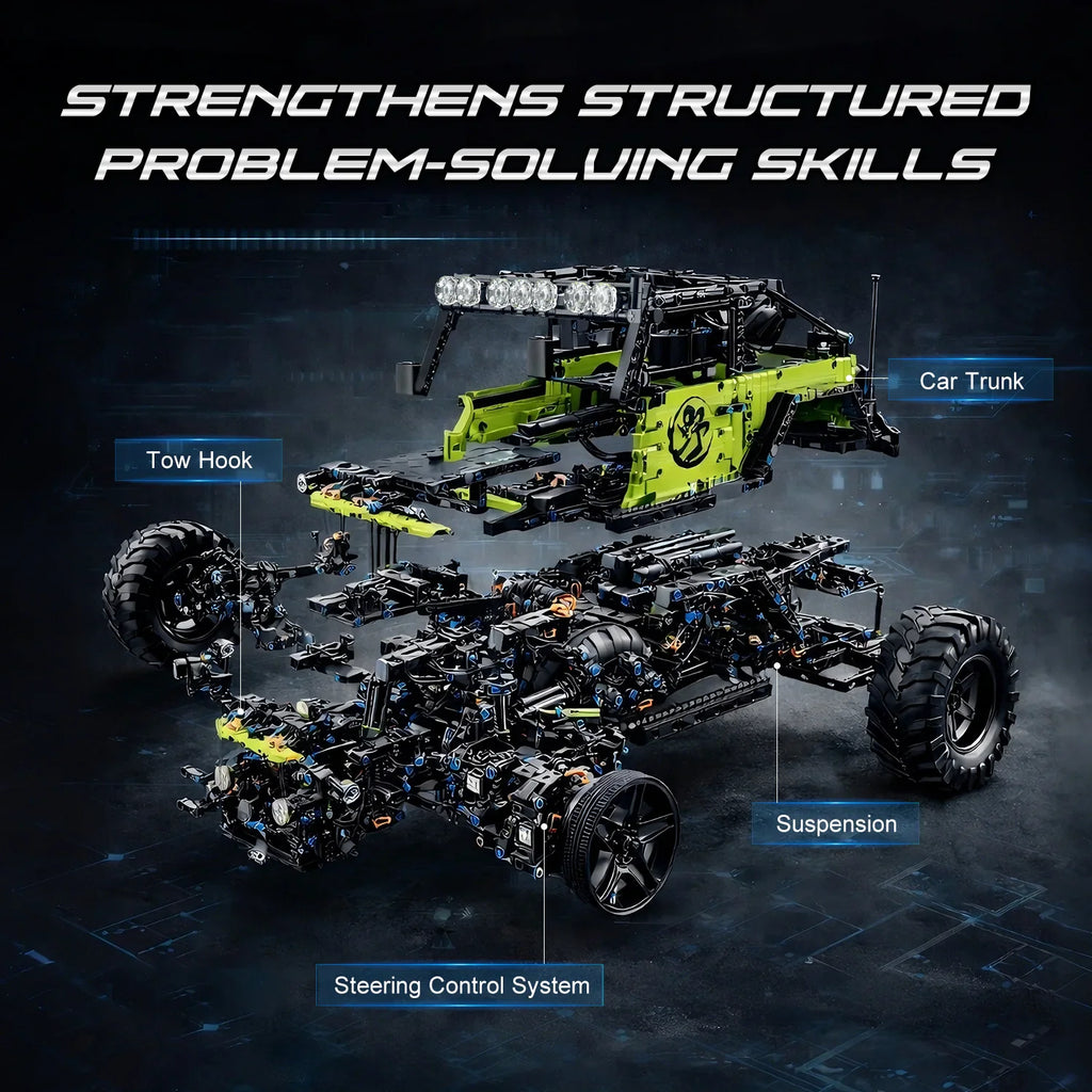 Exploded view of a green building block off-road vehicle highlighting its chassis, suspension, and steering system.