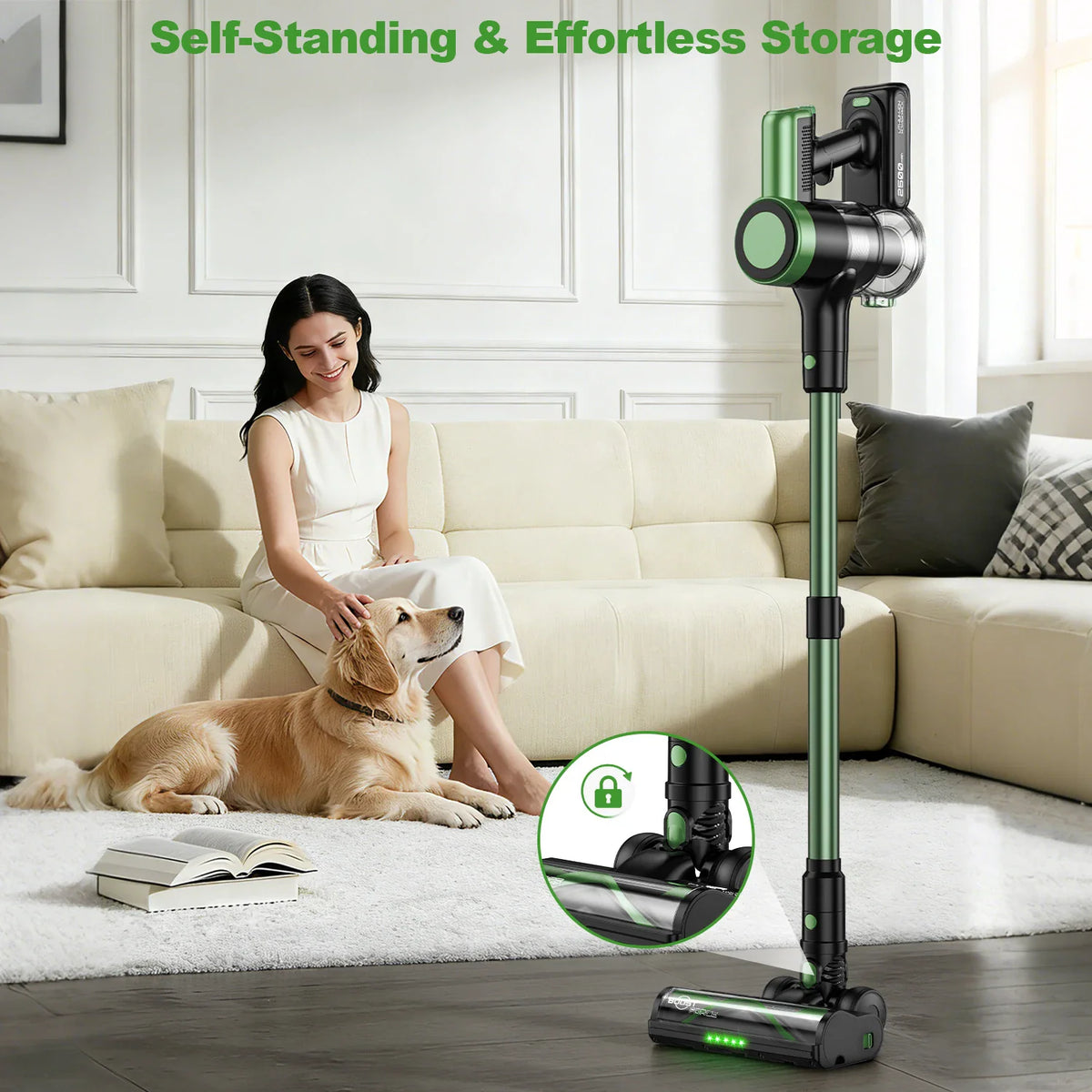 Cordless stick vacuum cleaner standing upright in a living room next to a woman and a dog.
