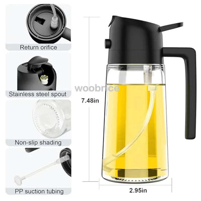 Glass oil dispenser bottle with dimension measurements and components labeled