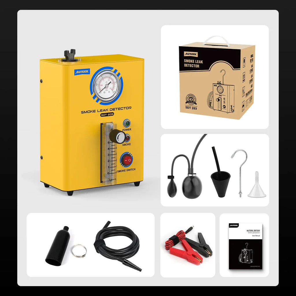 Complete kit including yellow smoke leak detector, box, and various testing accessories.