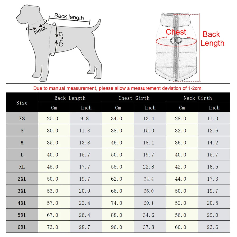 Size chart for dog winter jackets with measurements for various sizes