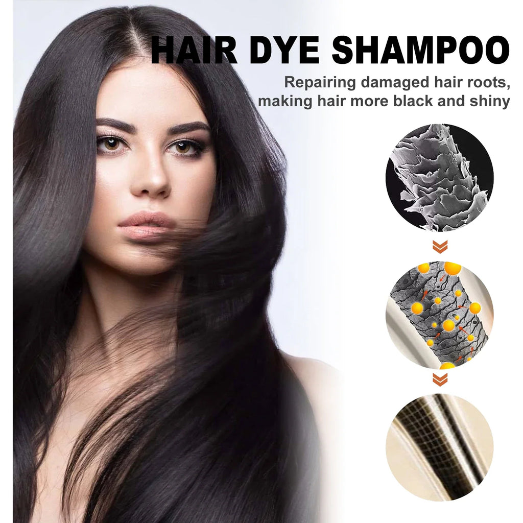 Hair dye shampoo benefits for hair roots and shiny hair with microscopic hair structure diagrams