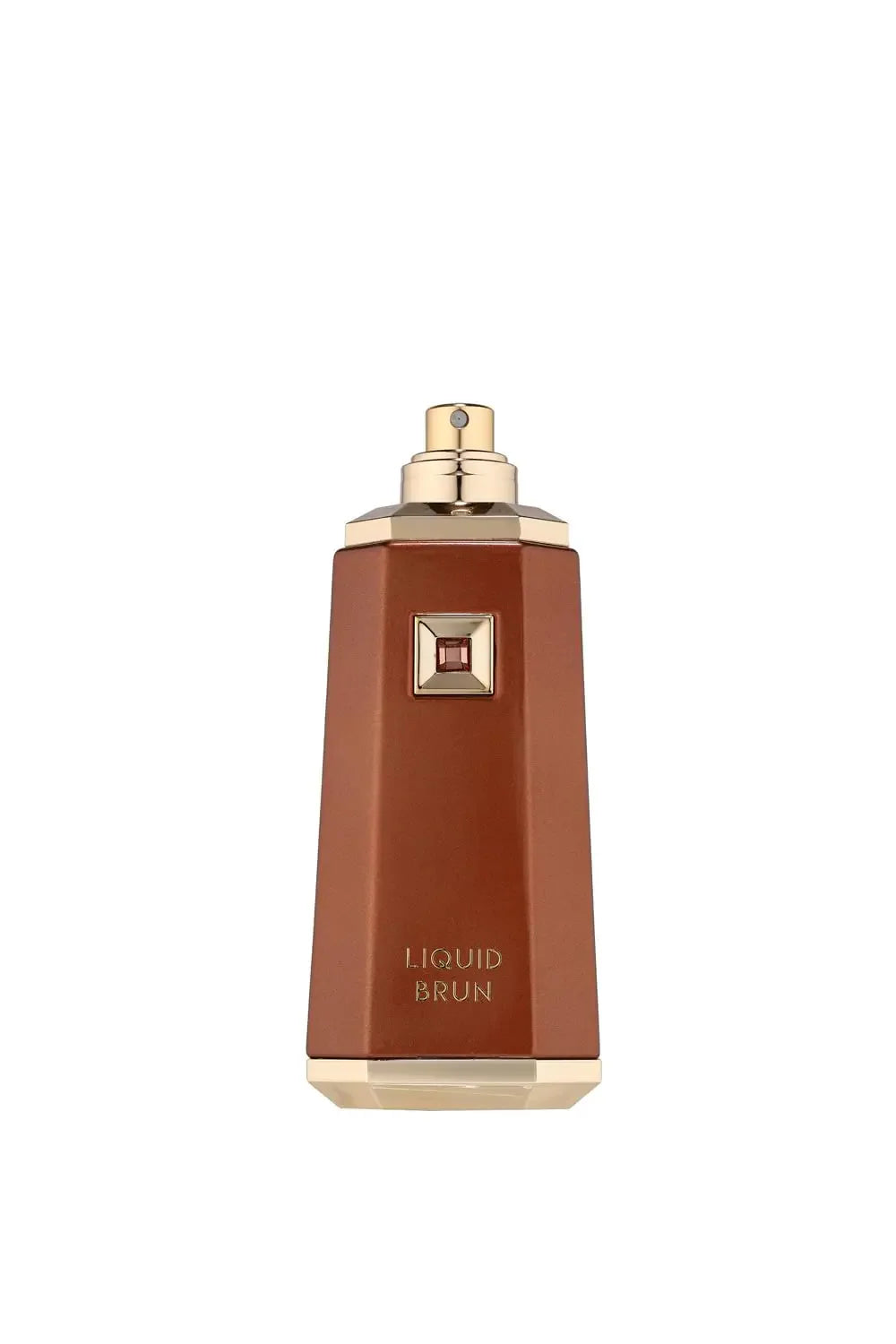 Brown perfume bottle with gold cap, un-capped, on a white background