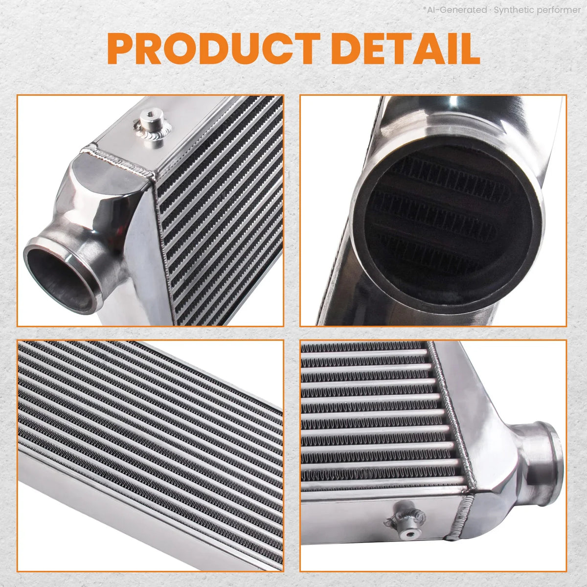 Detailed views of aluminum intercooler construction showing welds and core design