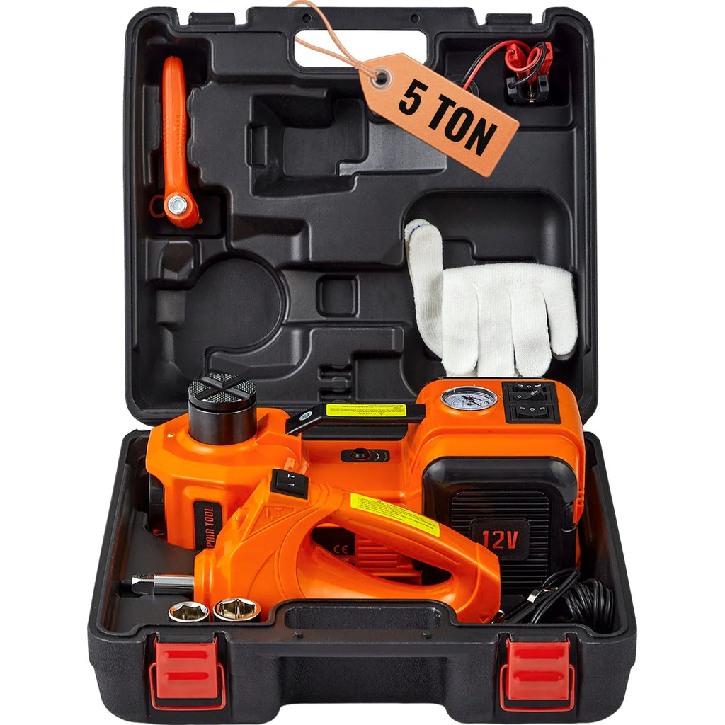 Orange electric hydraulic jack and impact wrench kit with accessories in a black carrying case