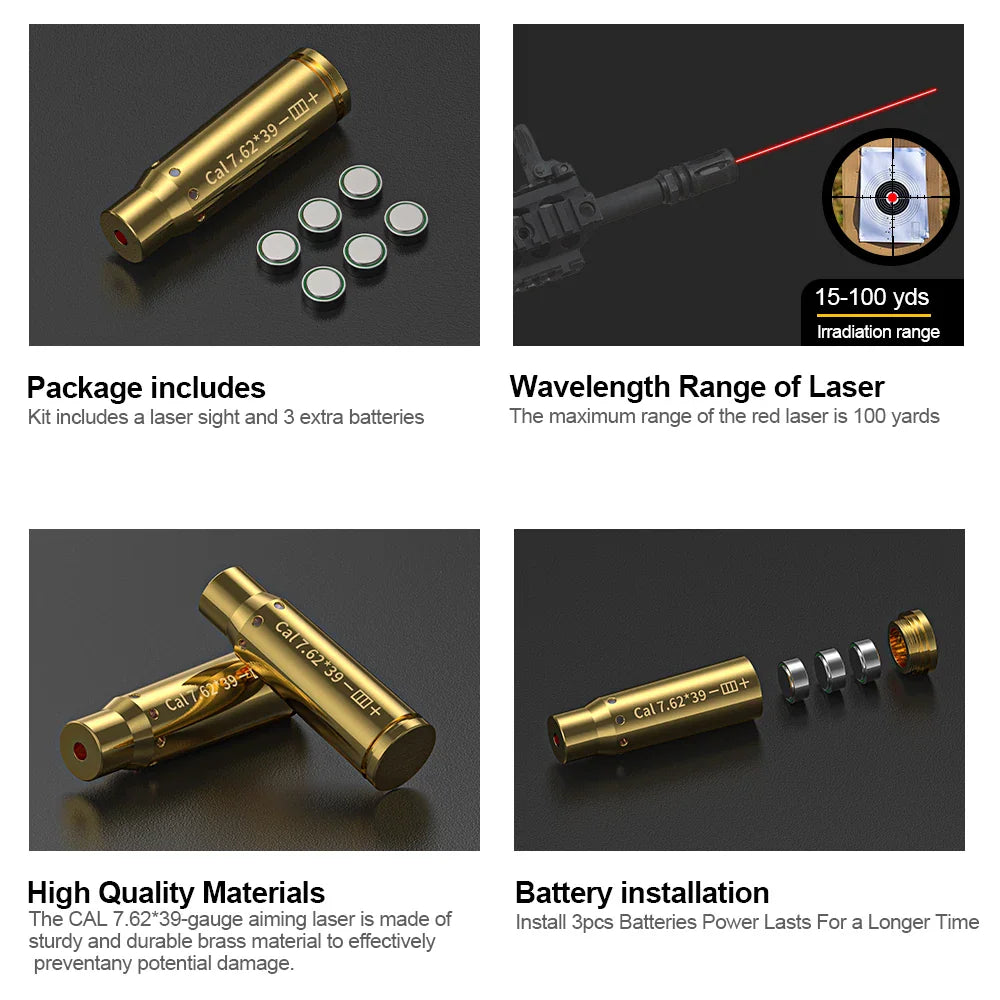 Collage showing a laser sighter tool, batteries, and illustration of its range and installation