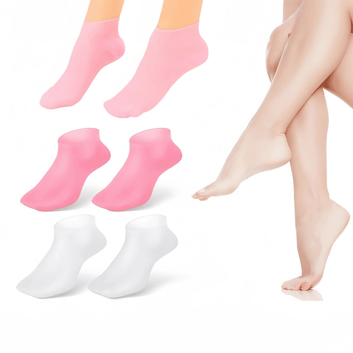 Assorted pink and white silicone moisturizing socks with feet model