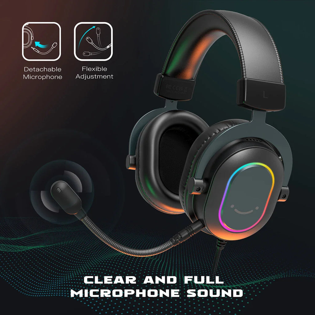 Wired gaming headset with detachable and flexible microphone
