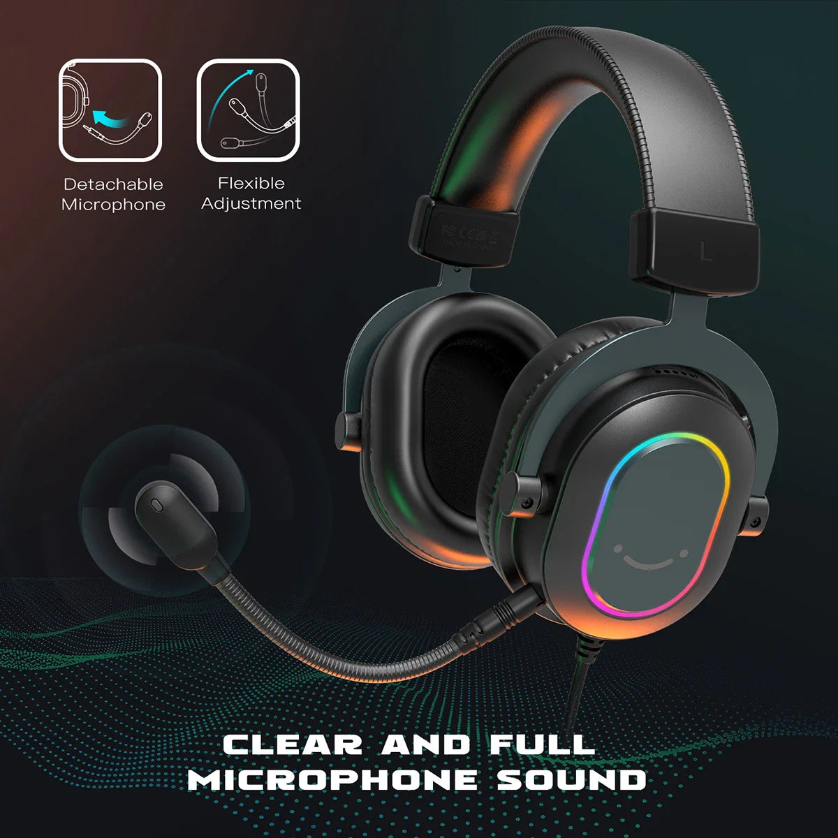 Wired gaming headset with detachable and flexible microphone