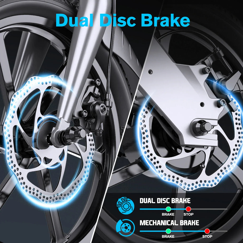 Close up views of the dual disc brake system on an electric bike