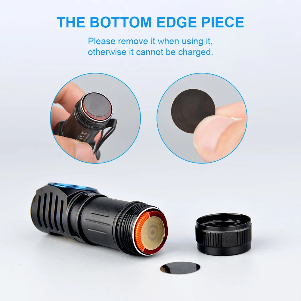 A demonstration showing the removal of a protective sticker from the base of a magnetic flashlight