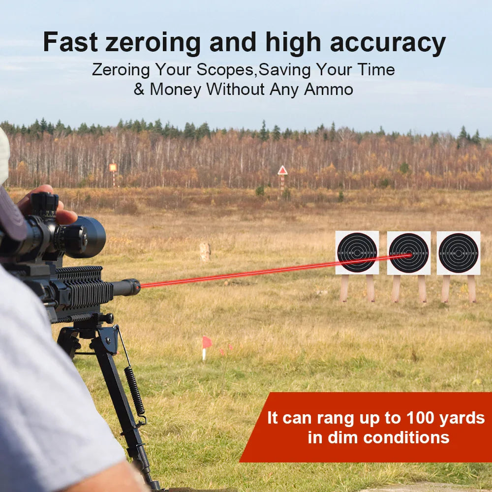 A person using a rifle laser sighter to aim at targets in a field