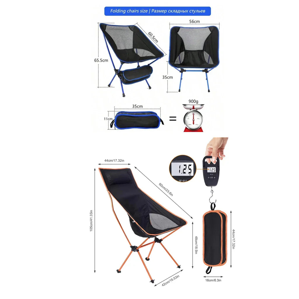 Technical dimension specifications and weight diagrams for different folding camping chair models.