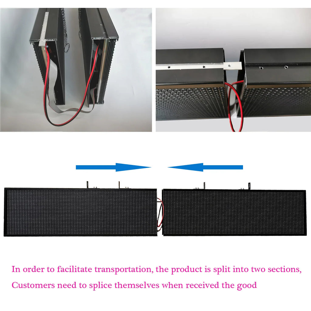 A collage showing two sections of a programmable LED sign with assembly instructions text