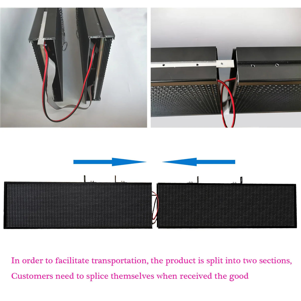 A collage showing two sections of a programmable LED sign with assembly instructions text