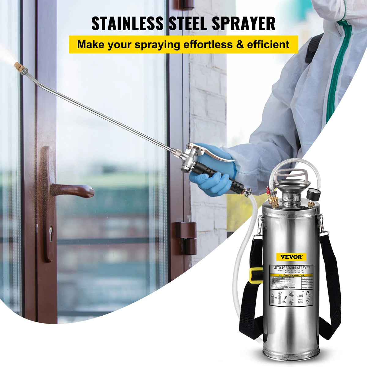 Person in protective gear using a stainless steel pressure sprayer on a door