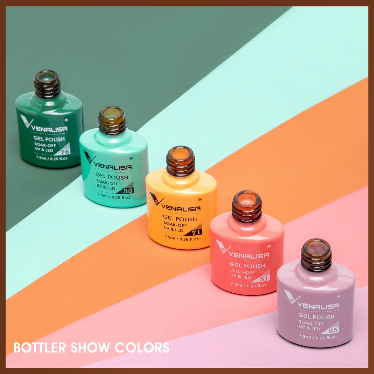 Five open gel nail polish bottles in different colors on an angled display