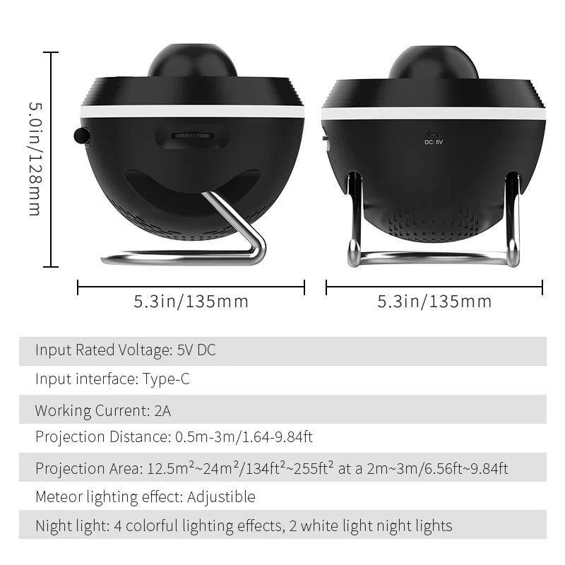 Technical diagram of a black galaxy projector with dimensions and specifications listed.